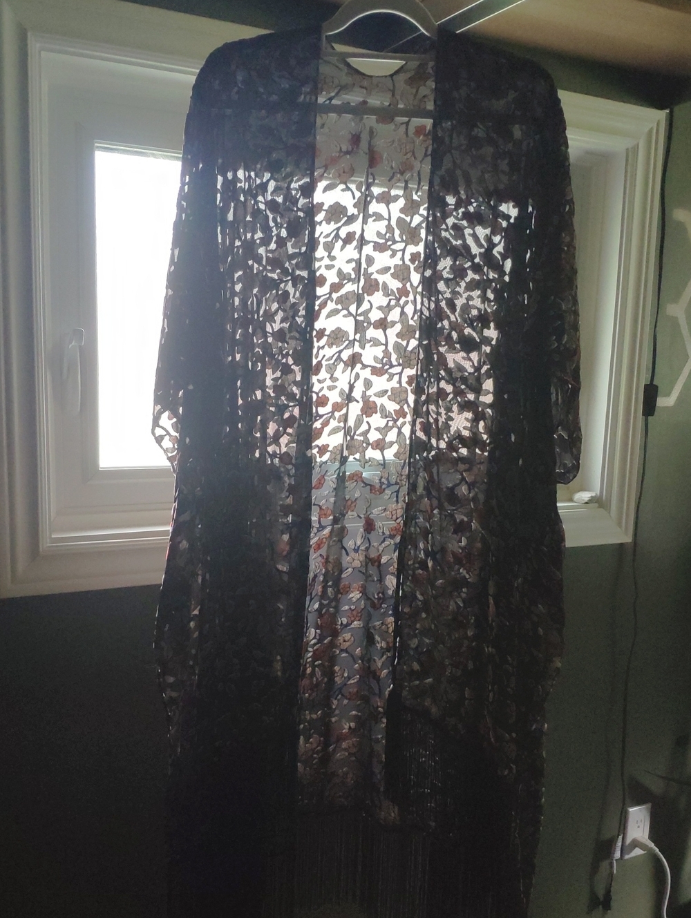 lovestitch Black Sheer Floral Lace Kimono with Fringe NWT